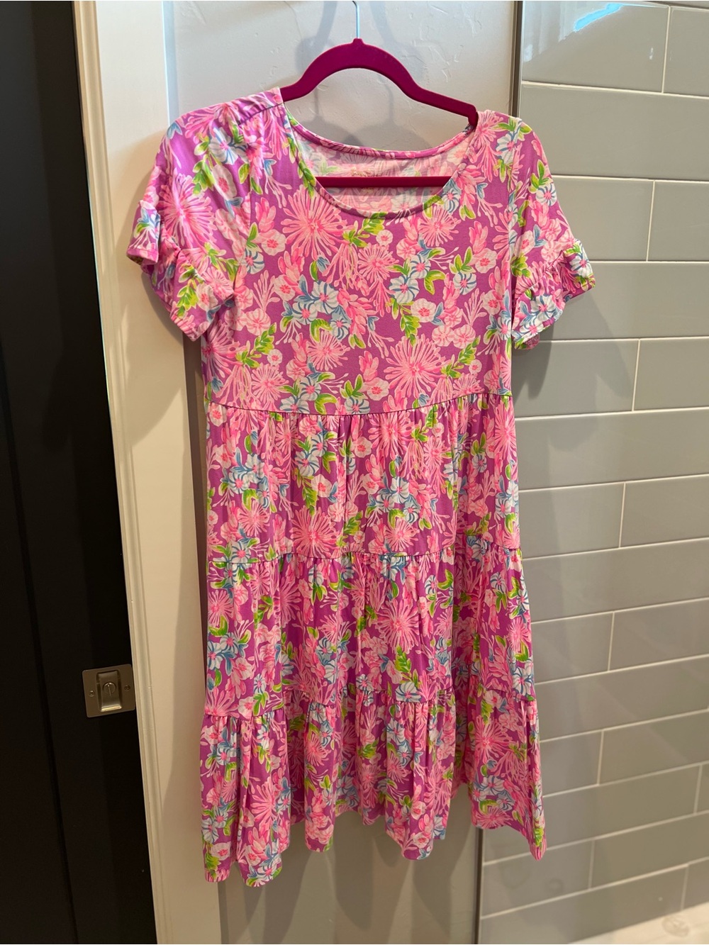 Pink Floral Short Sleeve Tiered Jodee Dress